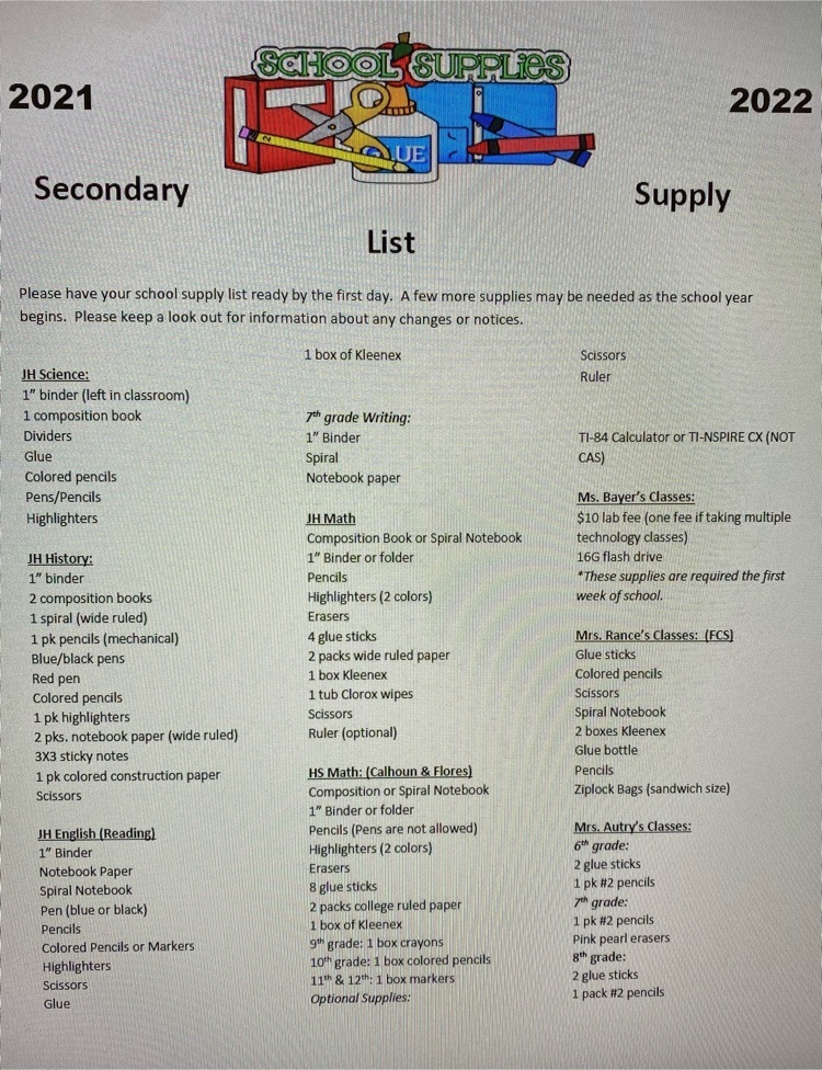 Supply list for 2021-2022