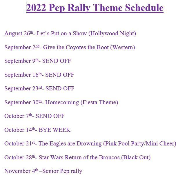  Pep Rally Schedule for the Football season. 💛💜🐴